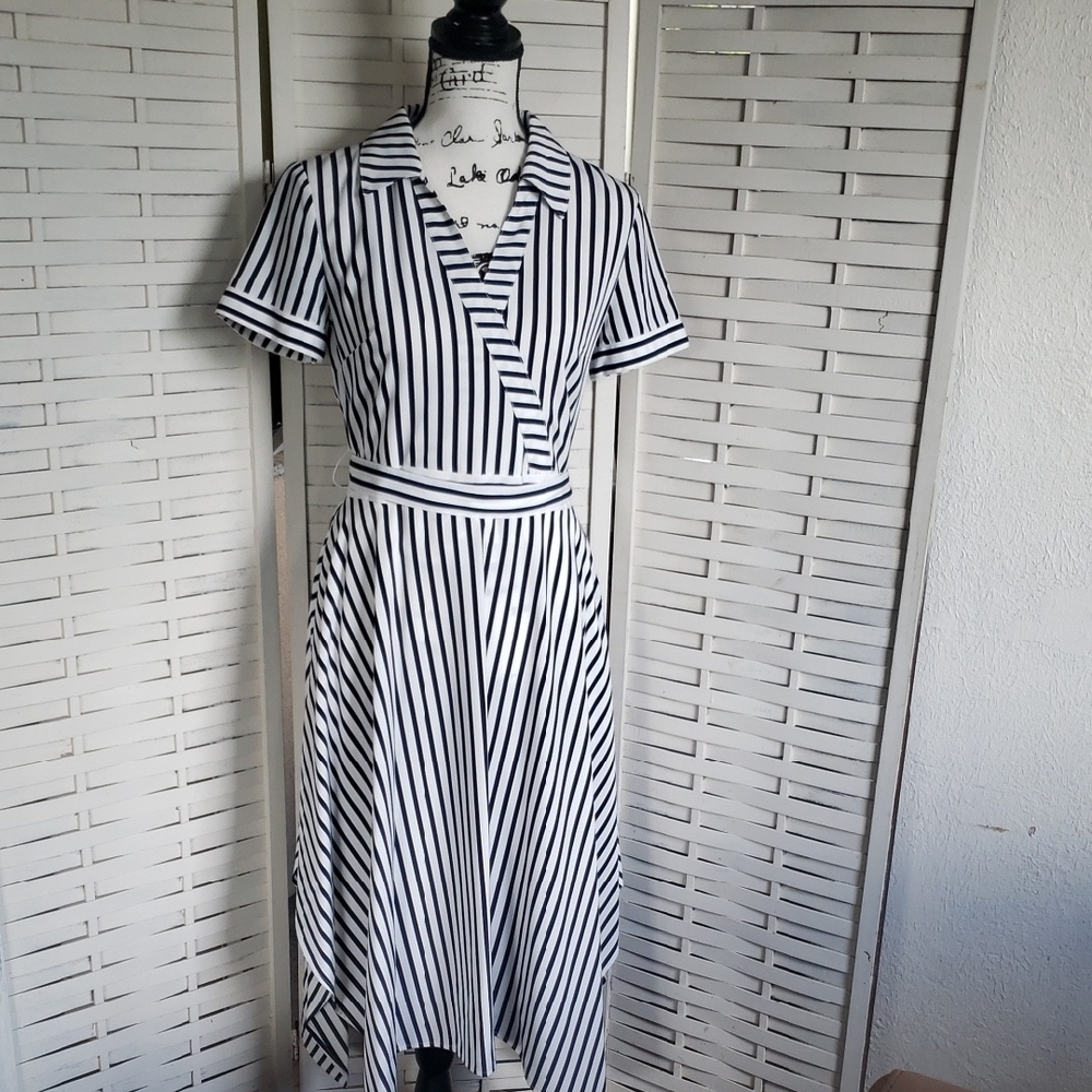 Karl Lagerfeld Striped Black and White Short Sleeve Dress Faux Wrap Dress 6